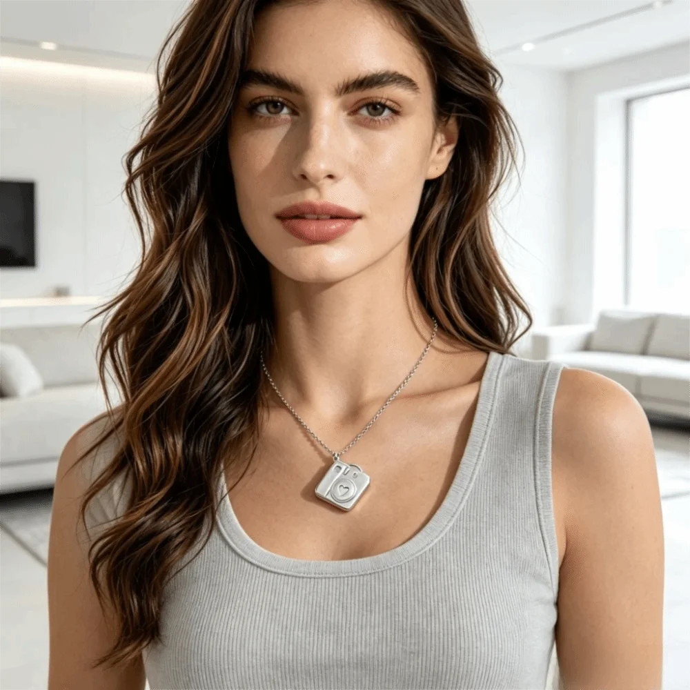 Thin Chain Photo Locket Necklace Vintage Style Choker Chain Camera Photo Necklace Retro Design Pull Out Frame