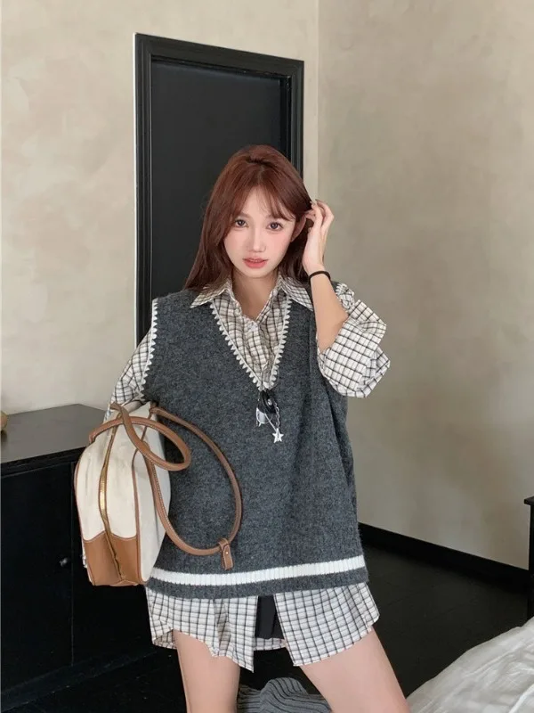 

plus Size Women's Casual Svel ey Sweater Autumn New Sle Inner irt Cheered Pattern Two-Piece Set High Waist Knitted
