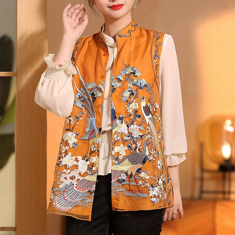 Women's Waistcoat Summer Retro Single-Breasted Exquisite Flower And Bird Embroidered Organza Chinese Style Vest Top S-3XL