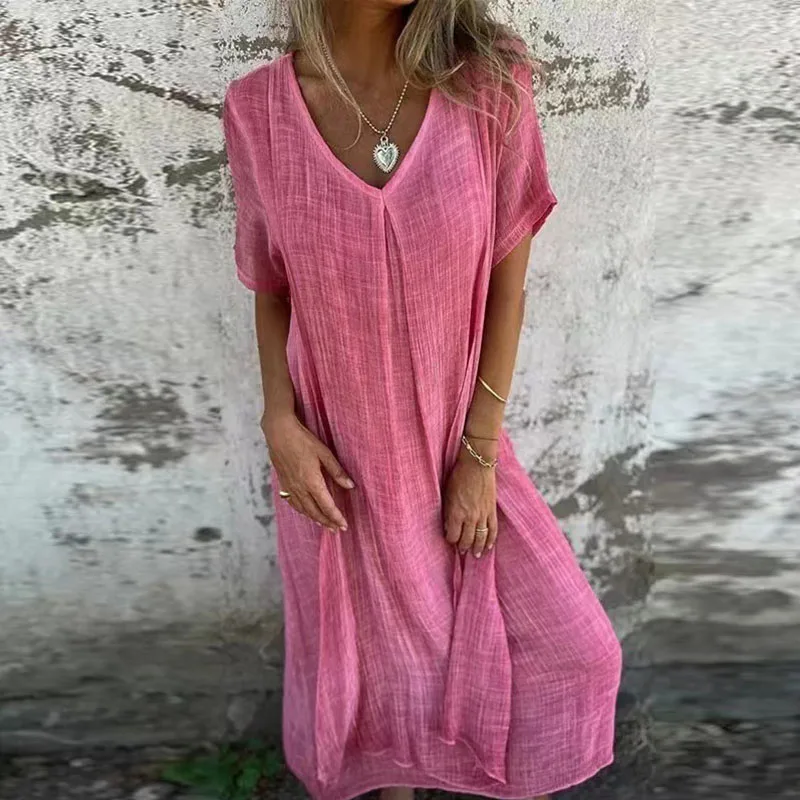 Vestido de calle de lino y algodón con cuello en V para mujer, vestido sencillo de Color sólido de manga corta, Jersey largo, vestidos informales holgados de verano