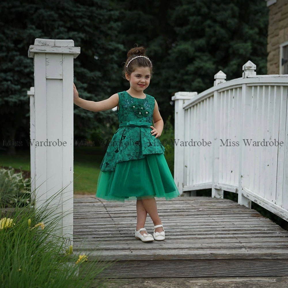 Lovely Green Flower Girls Lace Dresses O Neck Sleeveless A Line Sequined Casual Wear Children Clothing Vestido Kids 