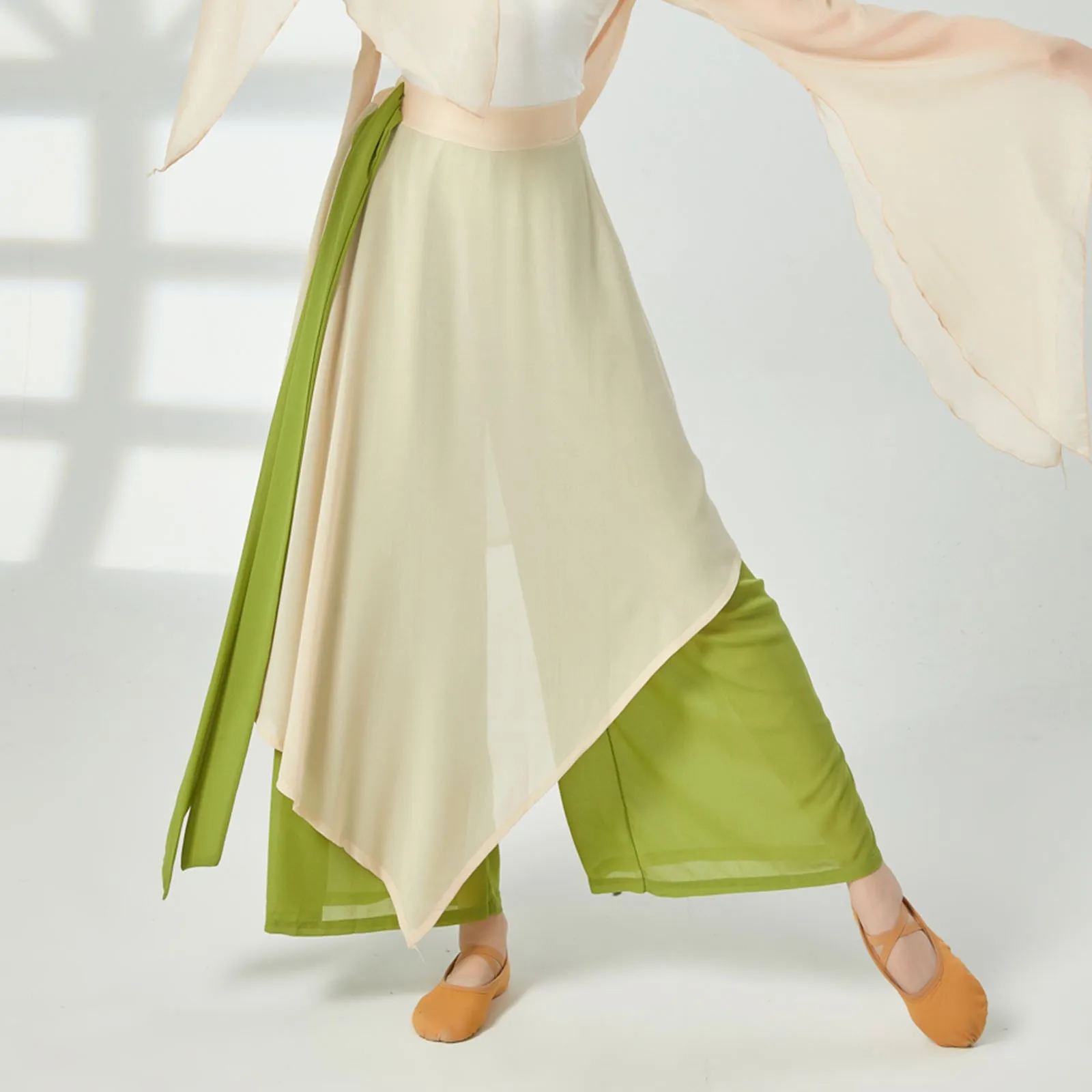 China Dance Chiffon Culottes Wide Leg Harem Skort Pant Flowy Classical Dance Folk Yangko Dancer Practice Wear 2 Layers Fairy