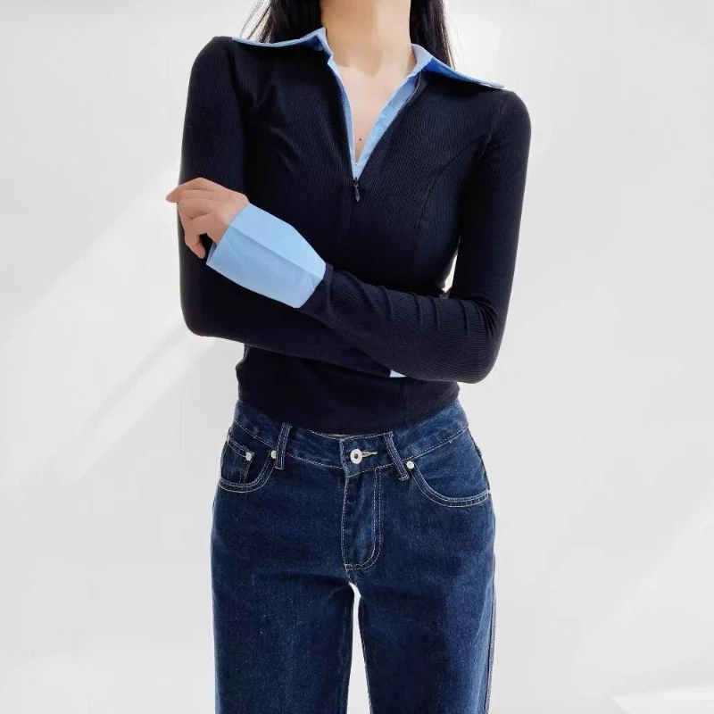 Polo Neck Fake Two Contrast Patchwork Office Shirt Tops Spring Autumn Long Sleeve Elegant Blouse Fashion Korean Women Clothing