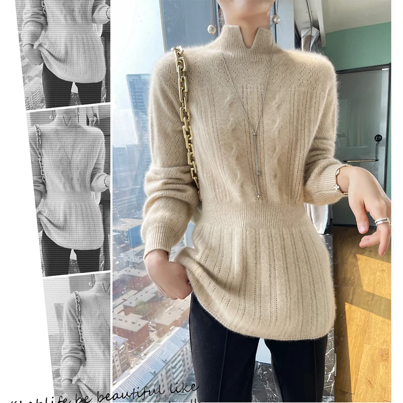 Autumn/Winter Women\'s Knitted Dress 100% Cashmere Long Sweater Fashion High Neck Open Jumper Slim Fit Korean Sweater Skirt