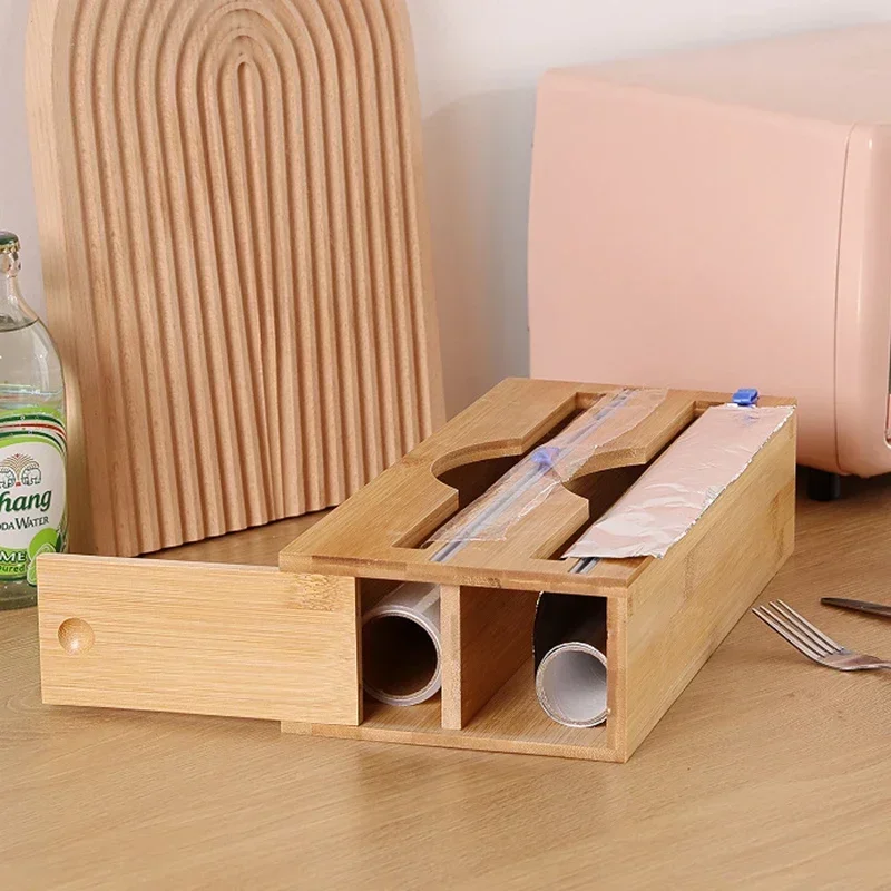 

Customizable Wall Mounted Paper Bamboo Compartment Cling Film Tin Foil Cutter Box With Kitchen