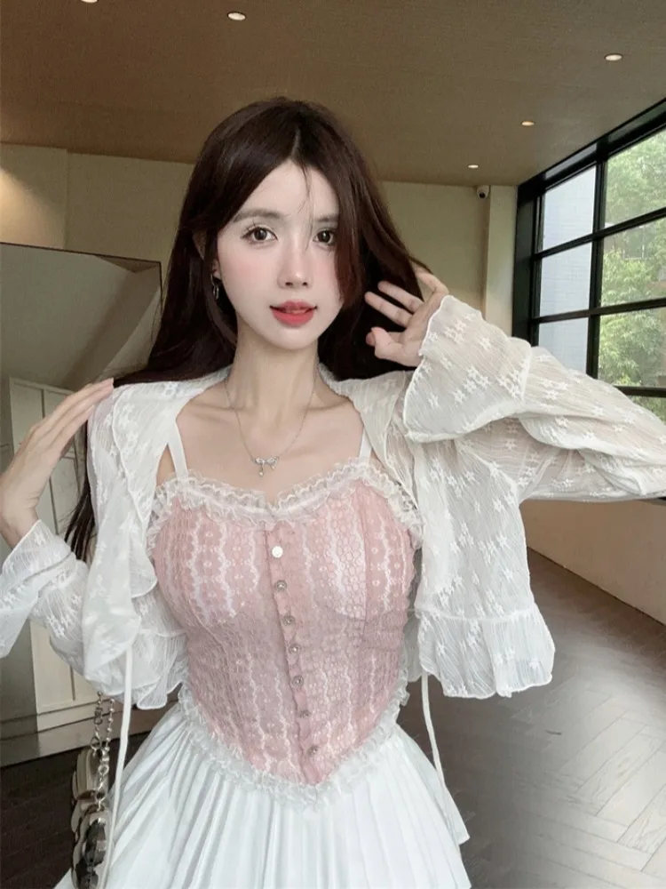 

Sweet Cool Sexy Lace Strap Vest Women Summer New Style Cute Flared Sleeve Belted Sun Protection Two Piece Set