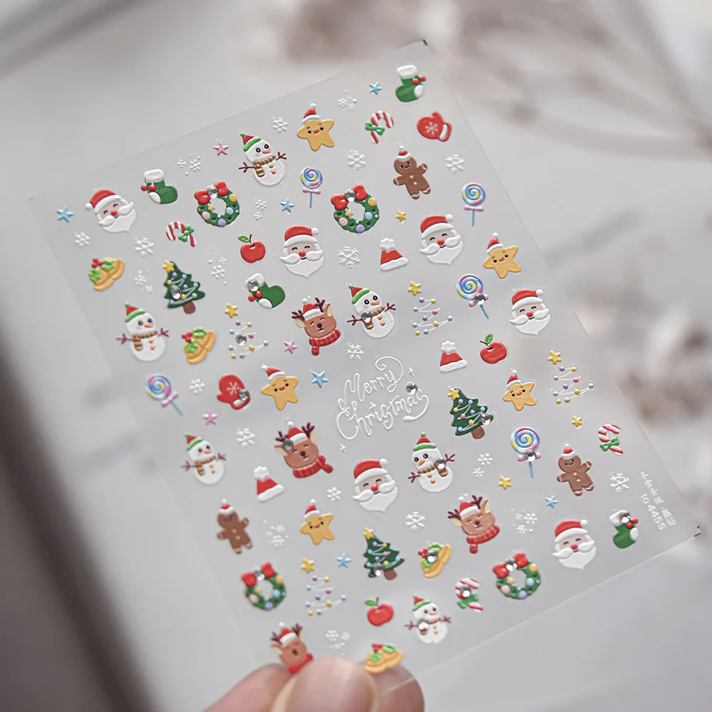 5D Relief Lovely Cute Merry Christmas Santa Claus Snowman Tree Garland Adhesive Nail Art Stickers Decals Manicure Ornaments