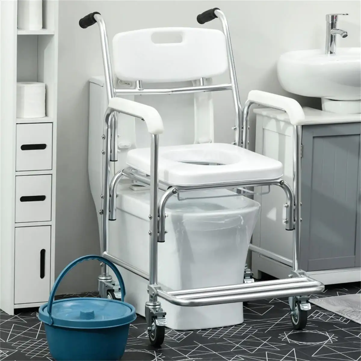 Waterproof Rolling Shower Commode Wheelchair with Padded Seat - Portable Toilet Chair for Easy Mobility