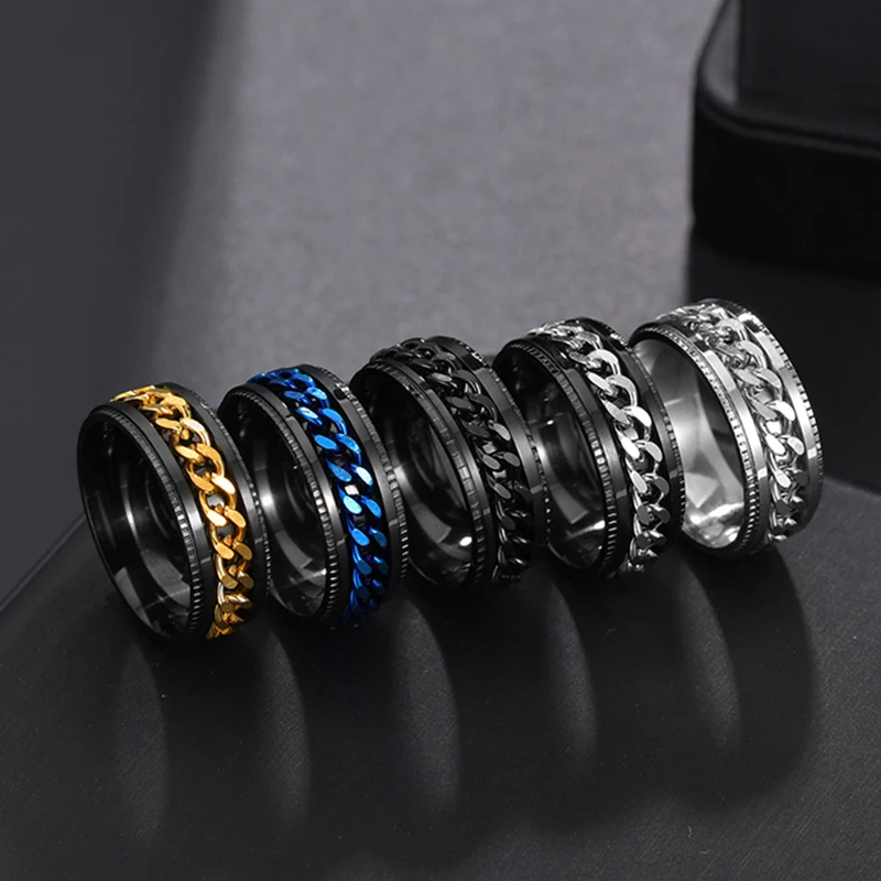 360° Rotatable Chain Fidget Spinner Ring Stainless Steel Anti Anxiety Stress Relief Band Smooth Spin Focus Toy Stylish Mens Womens Daily Jewelry Gift
