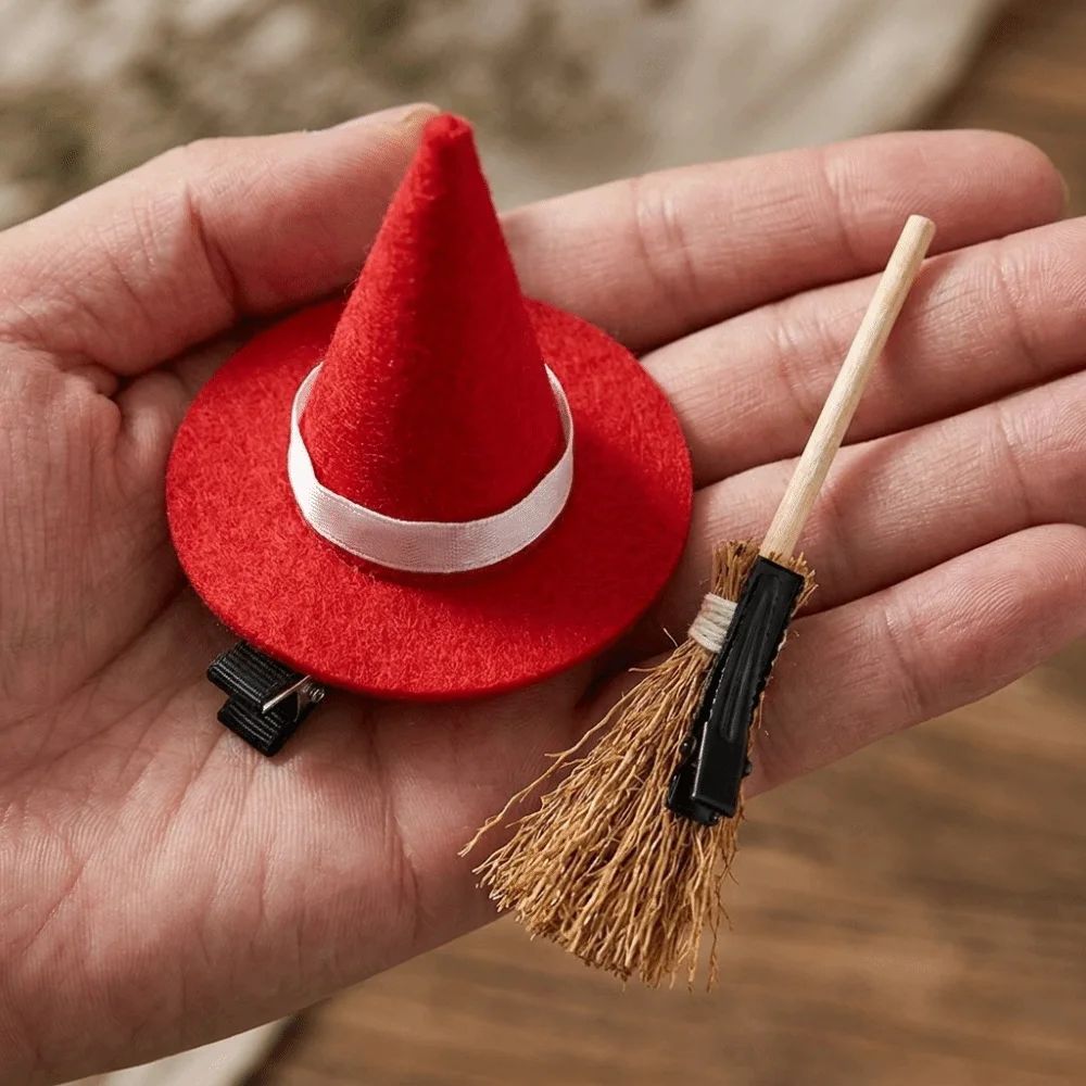 2pcs/set Mini Hair Clips Set Witch Hat Shape Small Broom Shape Hair Barrettes Trick or Treat Realistic Cosplay Accessory