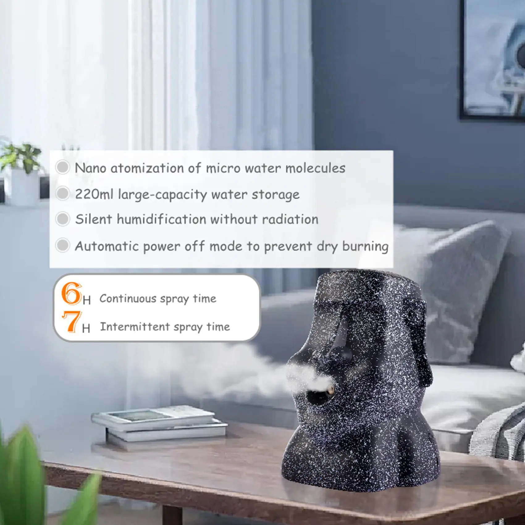 A69X-USB Rechargeable Easter Island Moai Humidifier Timing Aroma Diffuser Mist Maker Home Office Hanging Sprayer