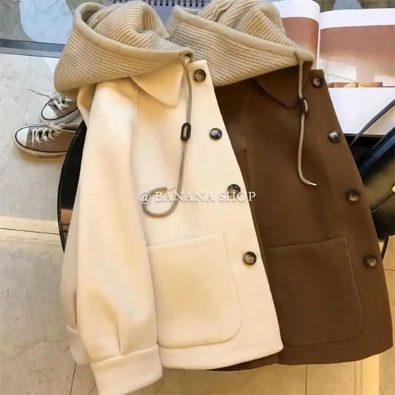 Biyaby Korean Hooded Thickened Warm Coats Woman Plush Kawaii Loose Single Breasted Jacket High Quality Solid Color Parkas