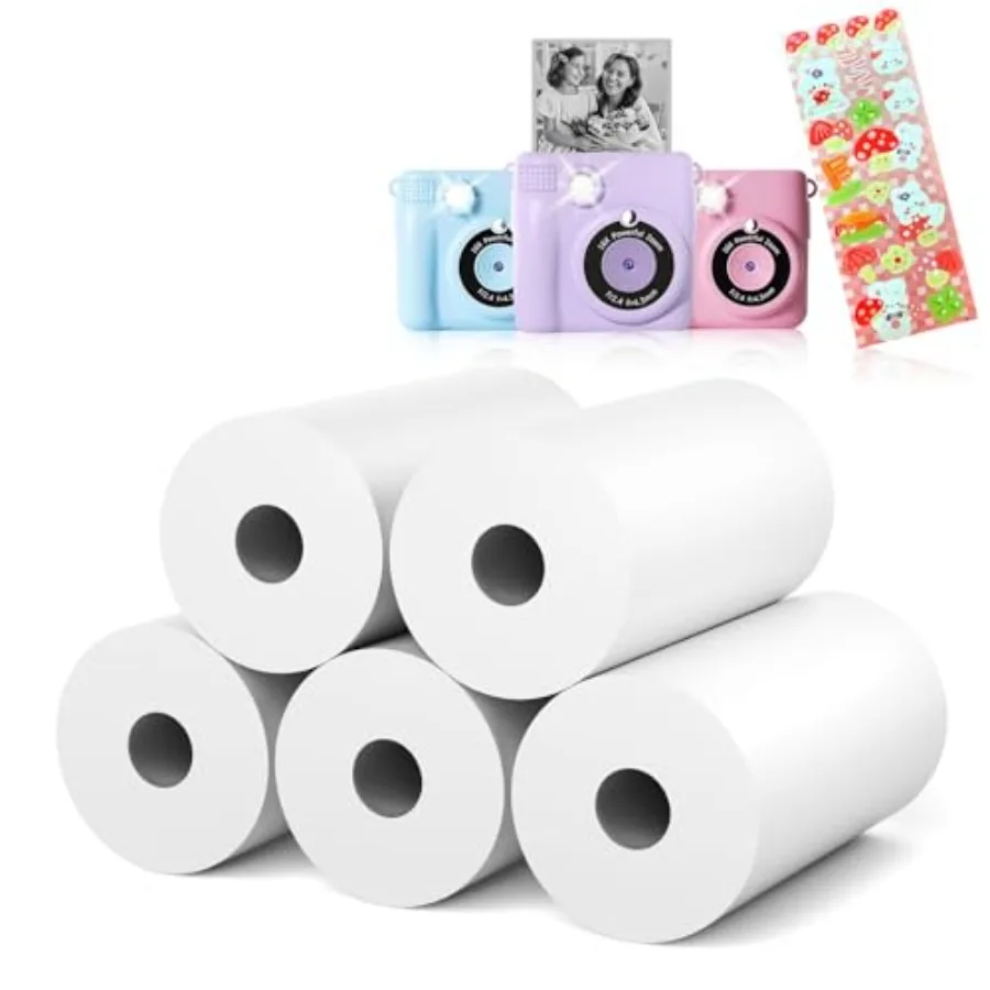 

Camera Paper Roll Refill - HD kids camera instant print paper, 55x25mm Print 180 Sheets with Cute Stickers, Scratch-Resistant,