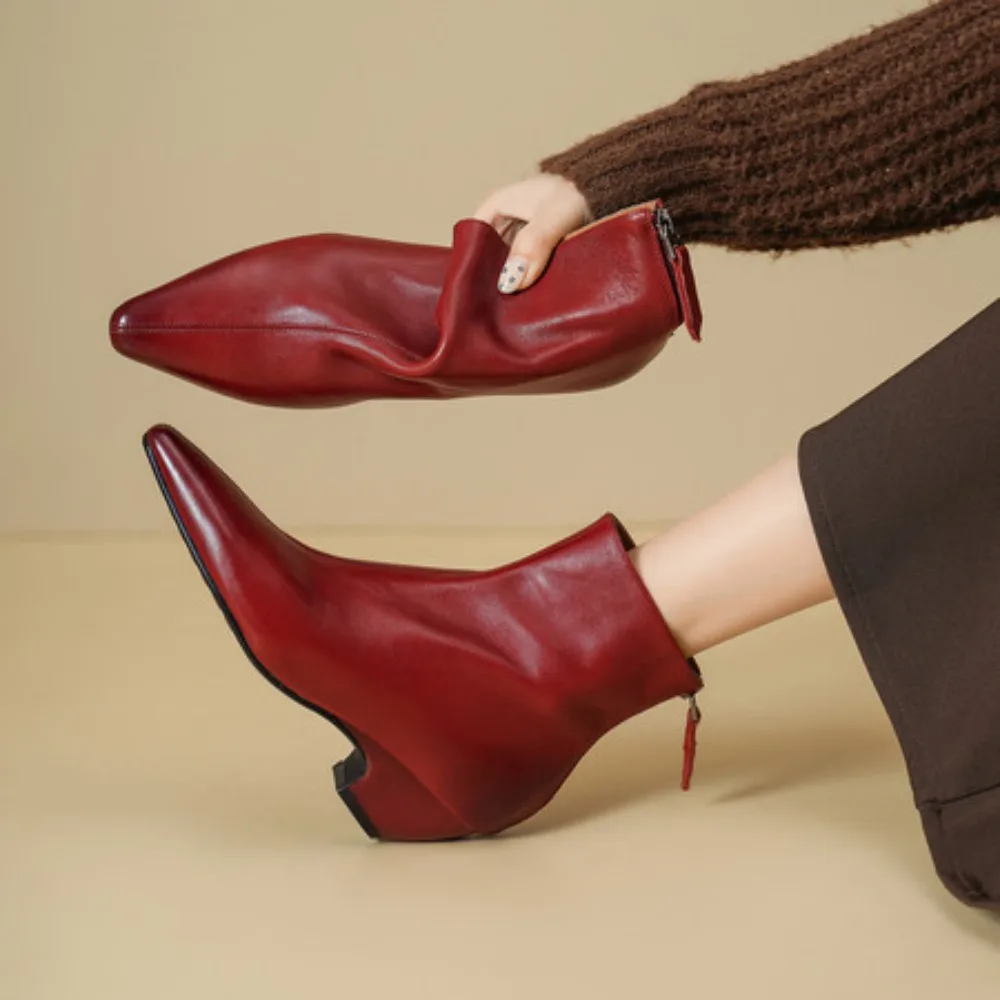 Street Style Vintage Pointed Toe Zipper Women Ankle Boots Genuine Leather Autumn Winter Fashion Square Heel Shoes Botas Mujer - view 3
