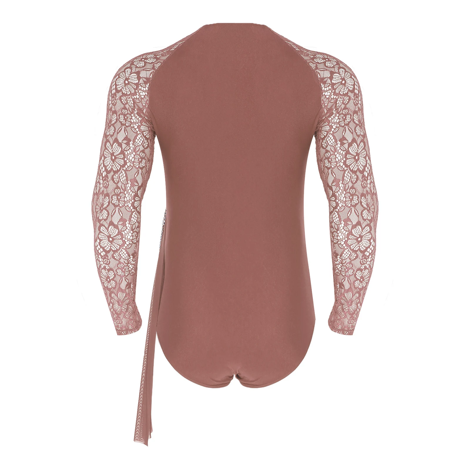 Medias de Ballet y gimnasia para hombre, traje de baile latino, camisa, traje de encaje Floral transparente, mono de leotardo con borlas y cadena de malla fruncida