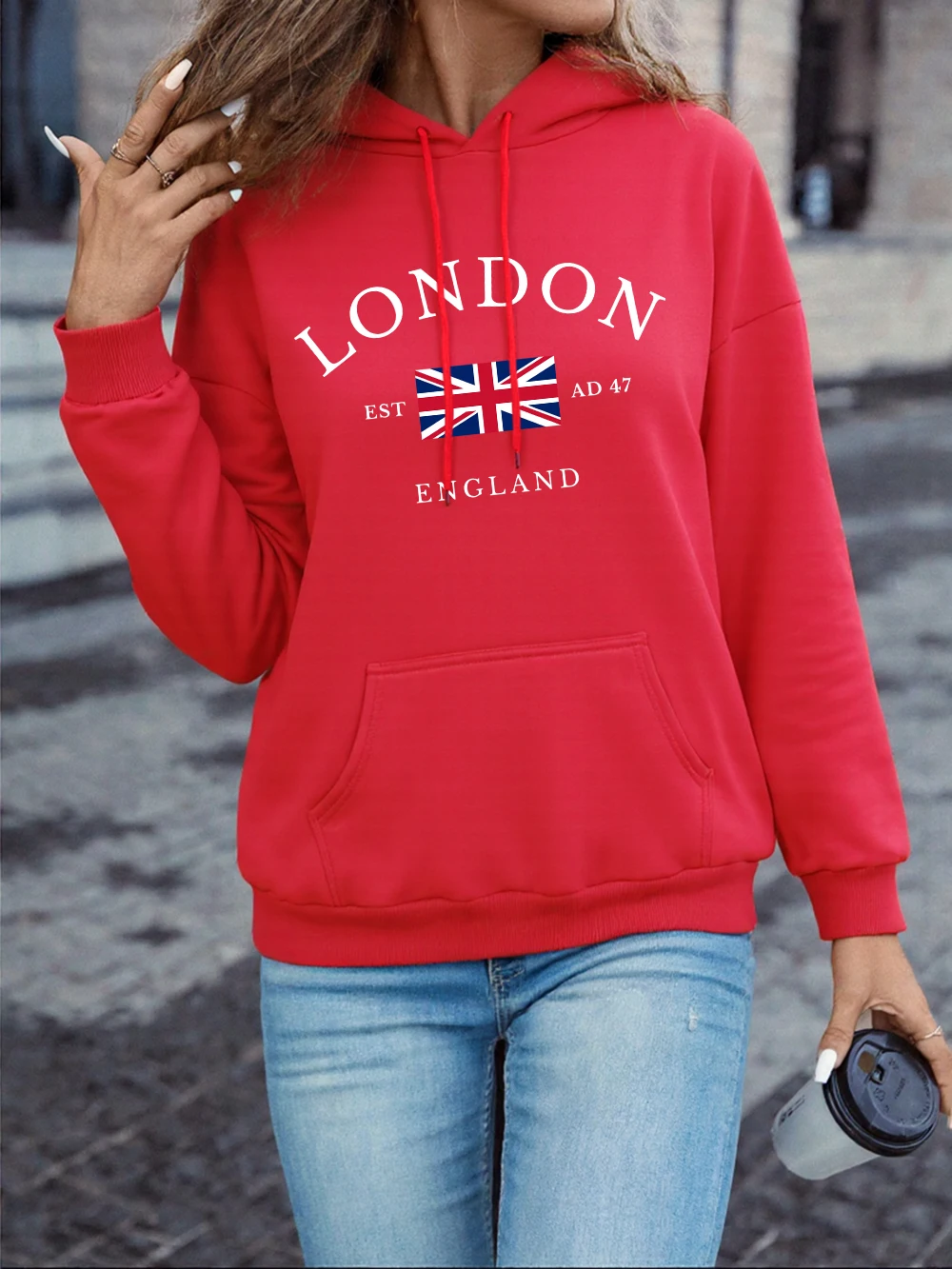 London England Flag Letter Printing Hoodies Women Winter Fleece Warm Pullovers Casual Pocket Sweatshirts Comfortable Clothes