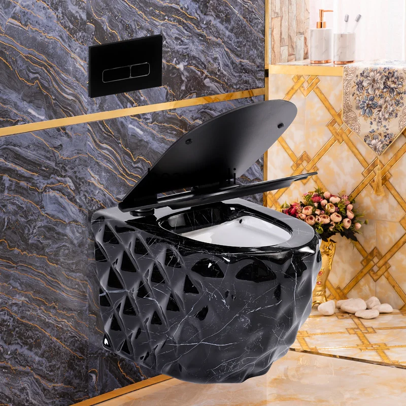 Black Wall-Mounted Toilet Small Apartment Colorful Blue Toilet Suspended Hidden Water Tank
