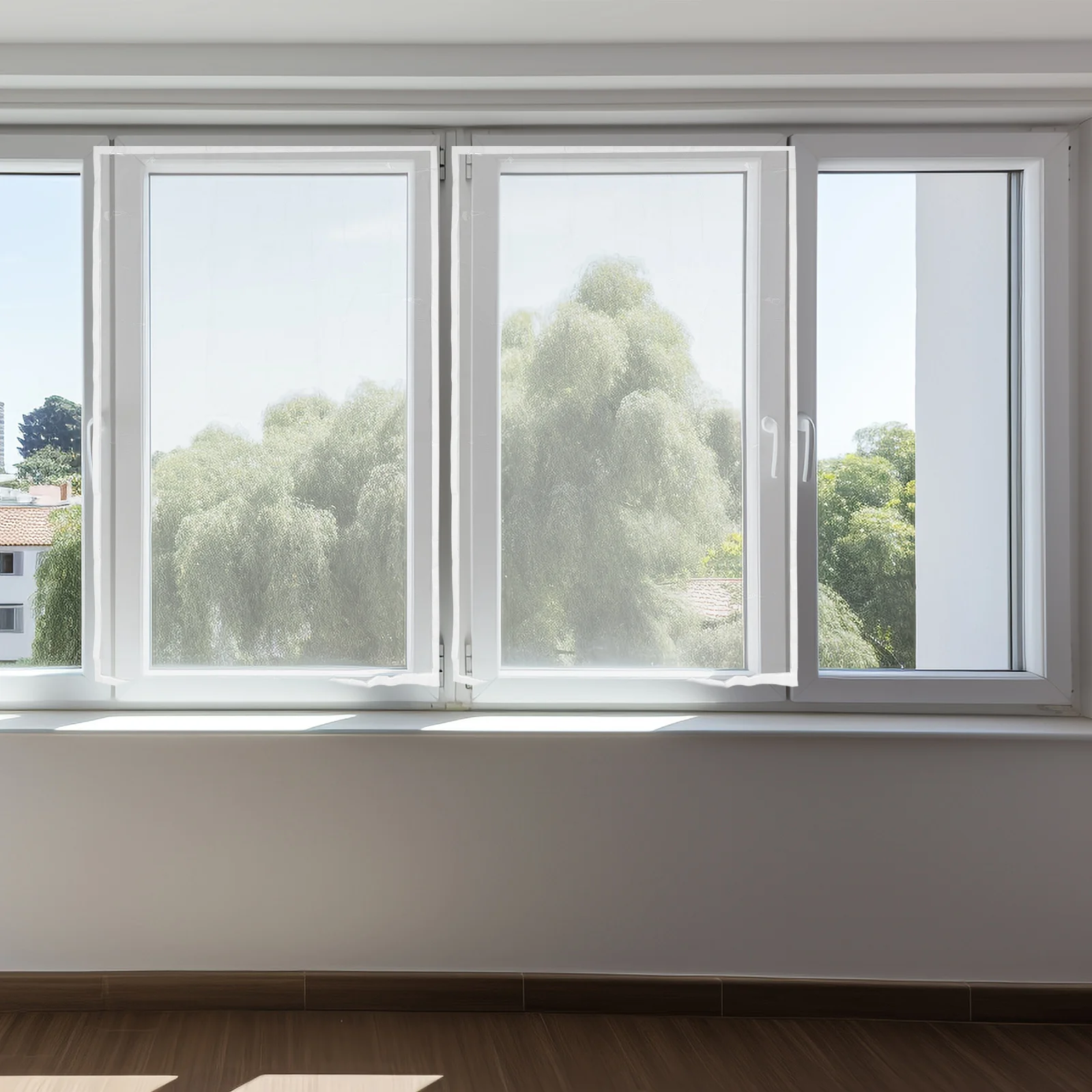 1 ชุดฟิล์มฉนวนกันความร้อนหน้าต่างกันลมโปร่งใสมีกาวในตัวสำหรับห้องนั่งเล่นในร่มห้องนอนห้องครัวประหยัดพลังงาน