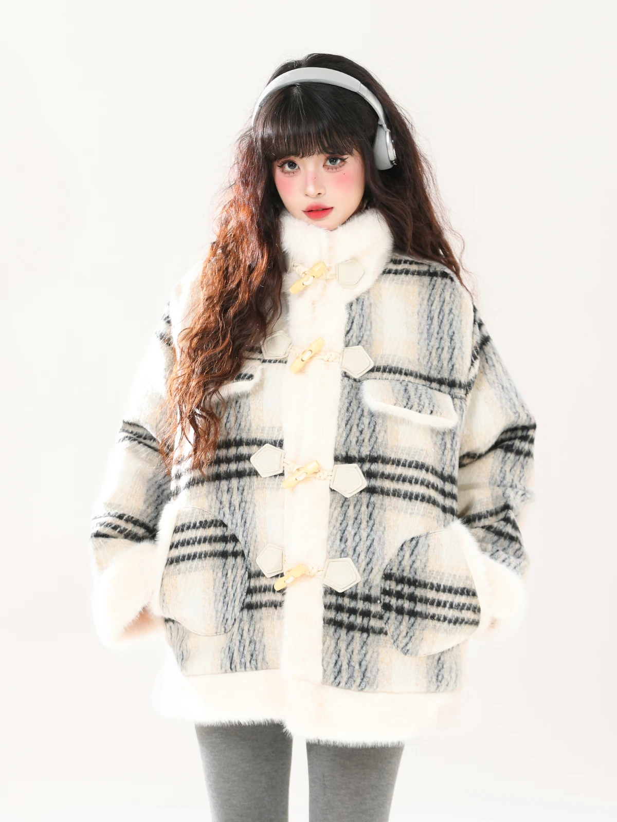 

ENJOG Ретро-пальто из хлопка с пуговицами из цветного дерева, с отделкой из овечьей шерсти, женское зимнее теплое свободное пальто с воротником, верхняя одежда