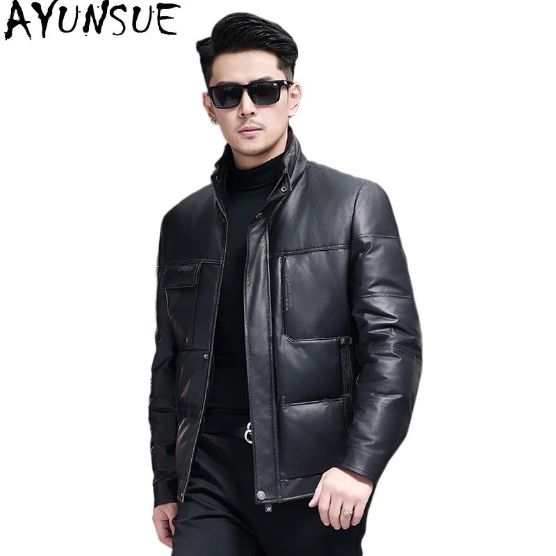 

AYUNSUE Genuine Cow Leather Jacket Man Winter Short White Duck Down Coat Stand Collar Warm Puffer Coats Jaqueta Couro Masculina