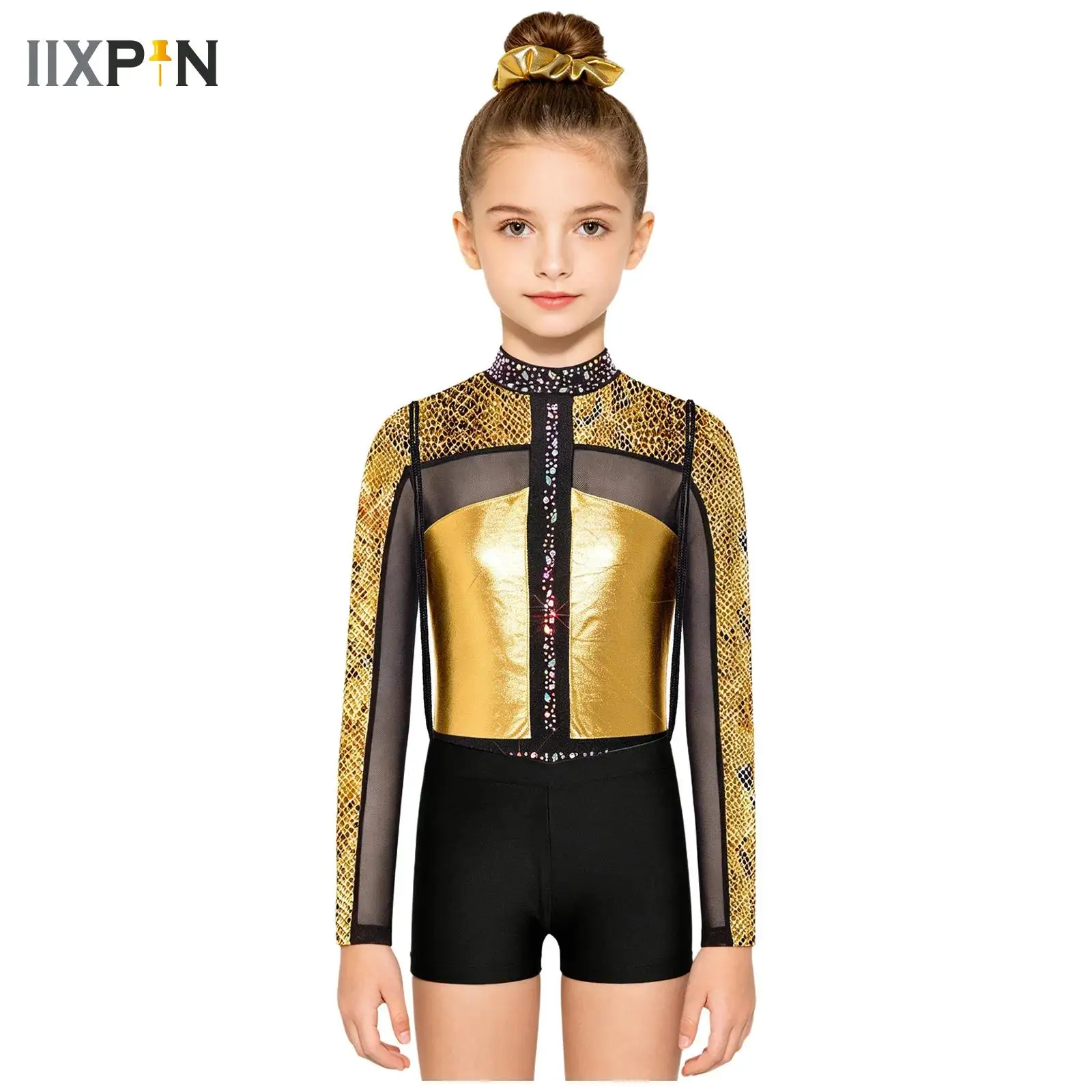 

Shiny Rhinestones Mesh Ballet Dance Leotard Set Girls Figure Skating Gymnastics Acrobatics Bodysuit Stage Performance Dancewear