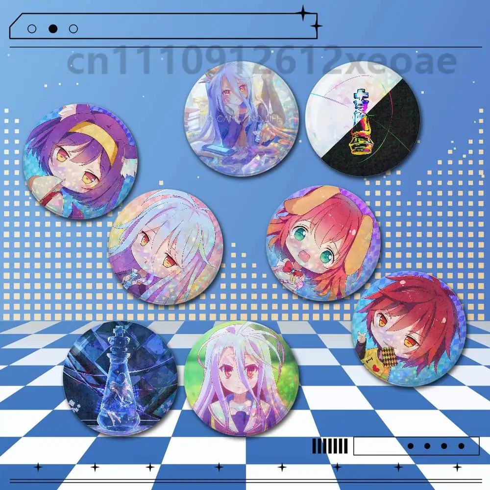No Game No Life Holographic Round Badge Brooch Set 2 Pieces 25/32/44/58/75mm Anime Fan Goods Cosplay Pins Backpack Bag Decor Gif