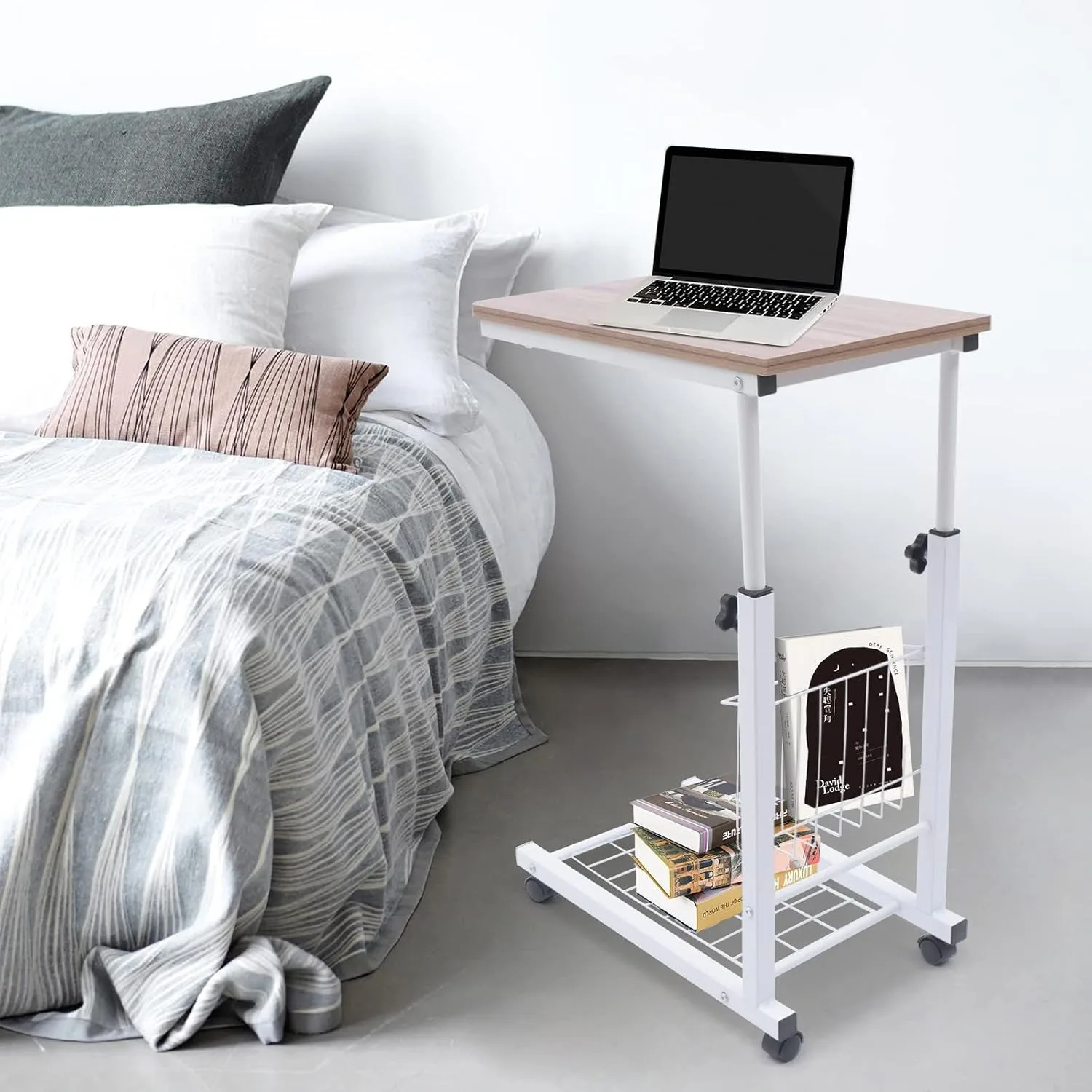 

Mobile Sofa Side Table, Adjustable Rolling Bedside Table with Side Basket, Notebook Tablet Coffee Tray Portable Snack End Table