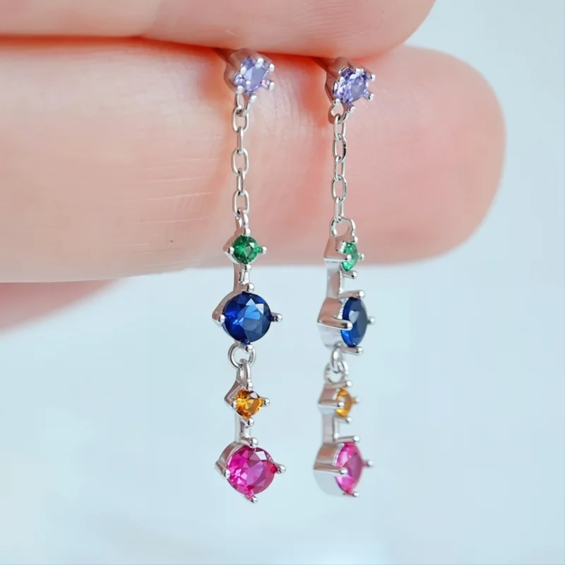Fashion Shiny Geometry Colored Synthetic Zirconia Long Tassel Stud Earrings for Women Luxury Elegant Banquet Anniversary Jewelry