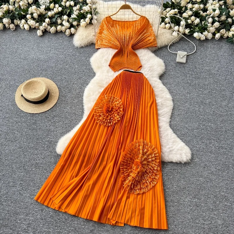 

Chic Miyake Pleated 2-Piece Set Women's Stretched Pleated Tops + High Waisted Folded Midi A-line Skirt Wedding Banquet Lady Suit