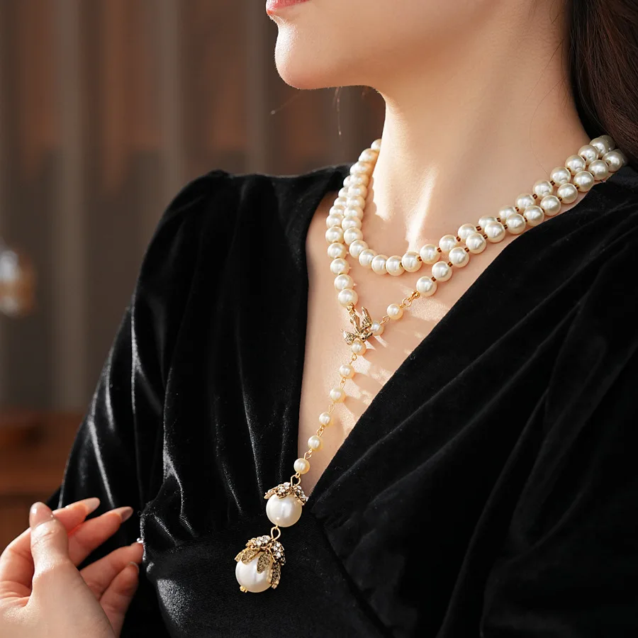 Zircon flower bird pearl necklace Long wool knitted chain French vintage accessories
