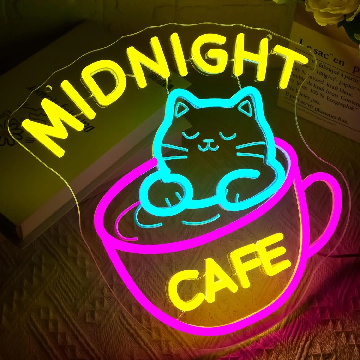 Midnight Coffee Cat Neon Sign Dimmable Cafe LED Neon Light Sign for Business Coffee Bar Shop Kitchen Home Wall Decor USB Powered