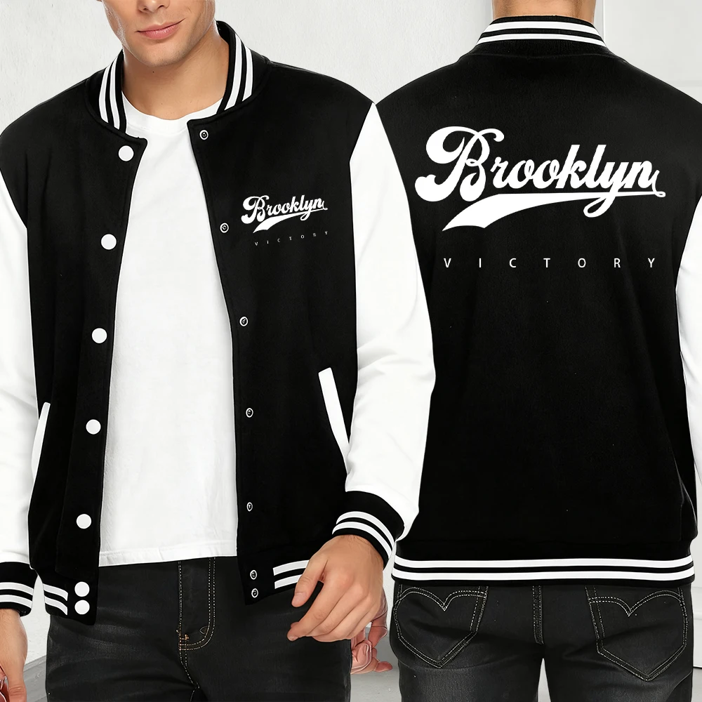 

Brooklyn Victory Logo Print Men Jackets Fleece Streetwear Hip Hop Casual Clothes Loose Fashion Baseball Jersey Personality Coat