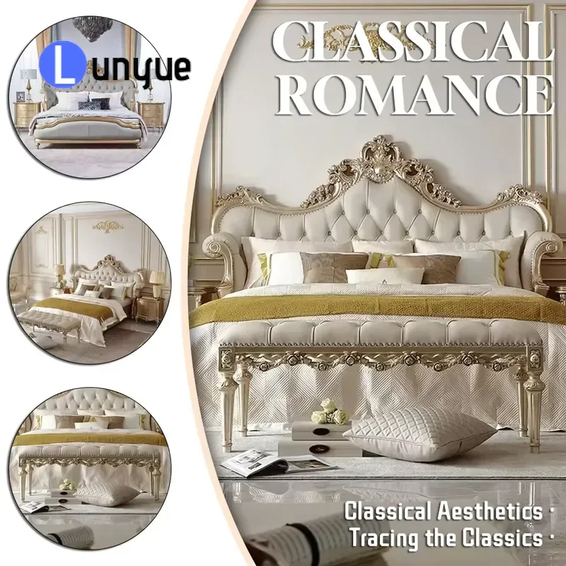 Classic French Royal Carved Solid Wood King Bed Set Villa Bedroom Furniture Elegant Luxury Home Decor