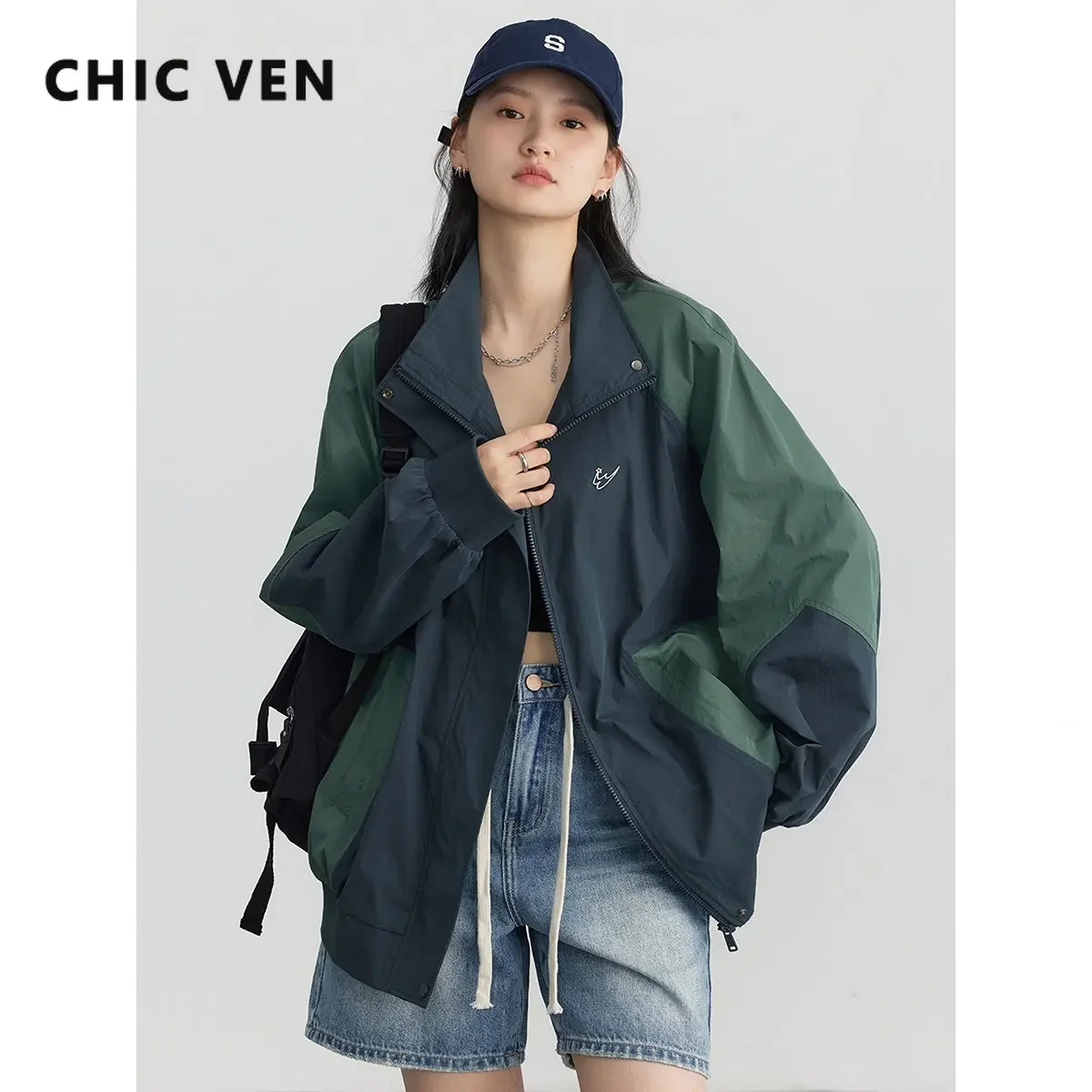 

CHIC VEN Women's Jacket New Vintage Contrast Color Raglan Sleeve Outerwear Sunscreen Loose Female Coats Spring Summer 2023