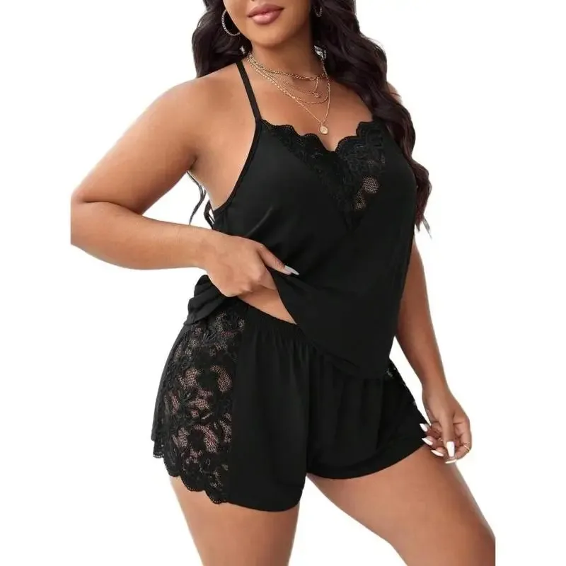 Sleepwear Tank Top Side Lace Panel Shorts 2Piece Lounge Wear Pjs For Nightwear Pajama Set Curvy Women Soft Women Nightgown Femal