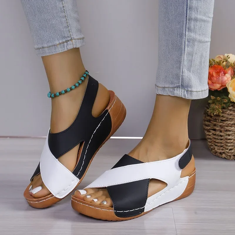 Women's Thick-Soled Color-Block Roman Sandals: Cross-Border Muffin-Sole Velcro Open-Toe Beach Flip-Flops
