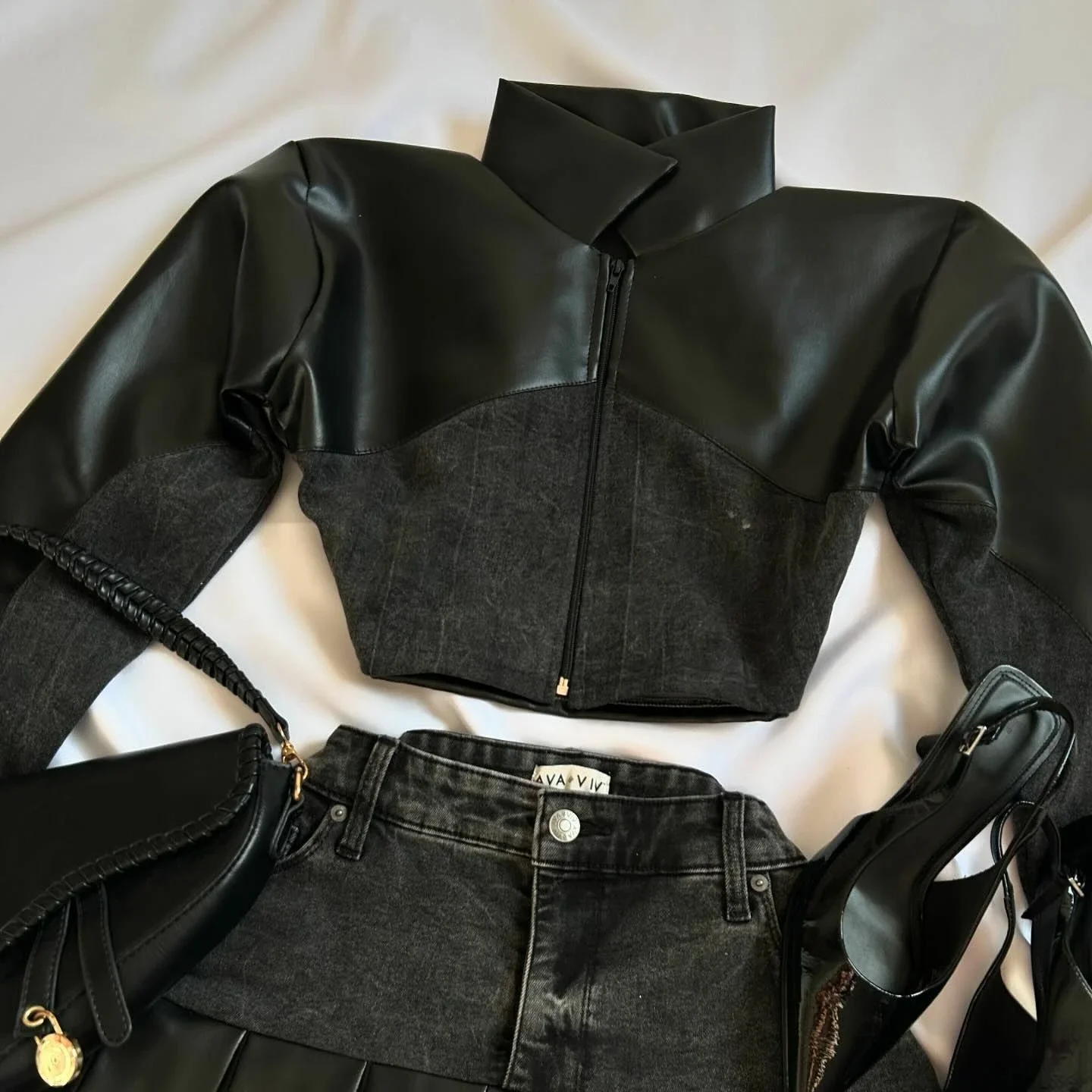 Y2K New Leather Spliced Denim Two Piece Set Women’s Retro Harajuku Gothic Zipper Jacket Sexy Cute Mini Pleated Skirt Streetwear