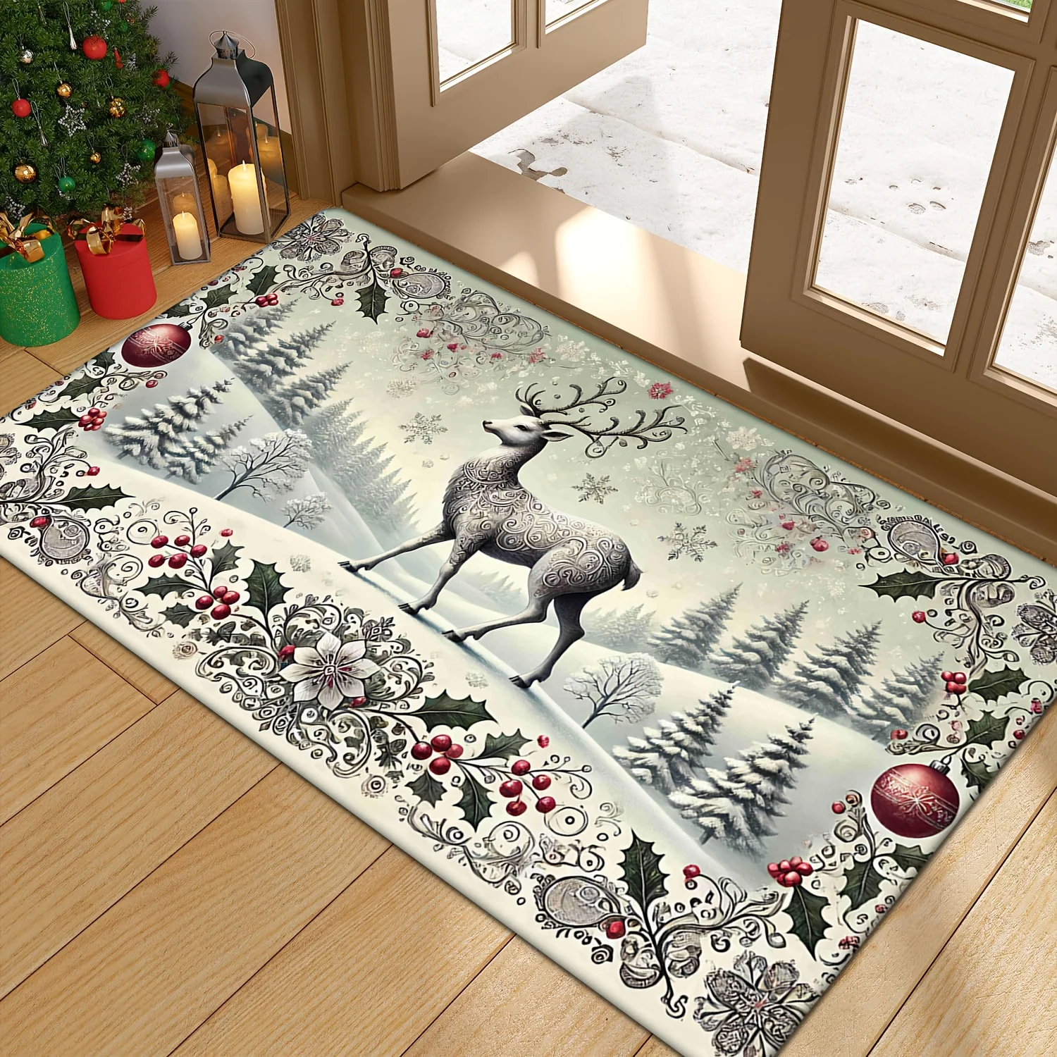 Winter Christmas Floor Rug Merry Christmas Snow‑Dusted Pine Tree Bauble Paw Print Neutral Festive Wreath Decor Area Rug
