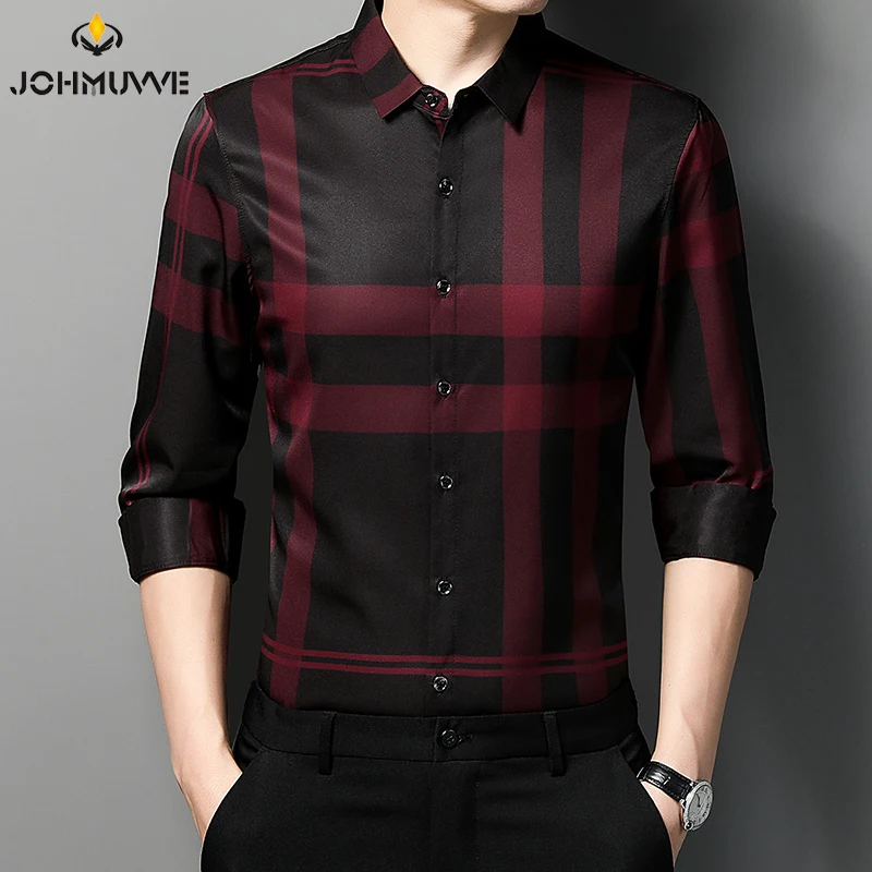 JOHMUVVE Fast Shipping Men\'s New Plaid Striped Long Sleeve Shirt Casual Long Sleeve Top