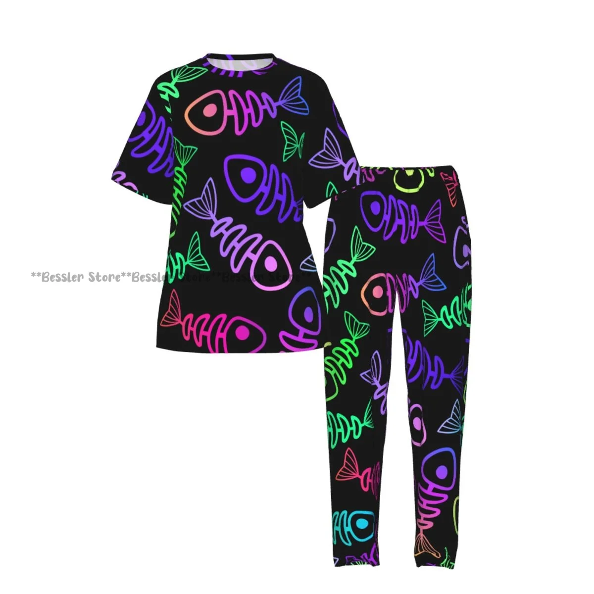 Women's 2-piece set Neon Fish Skeletons Pajamas Short sleeved Top and Pants Sleepwear