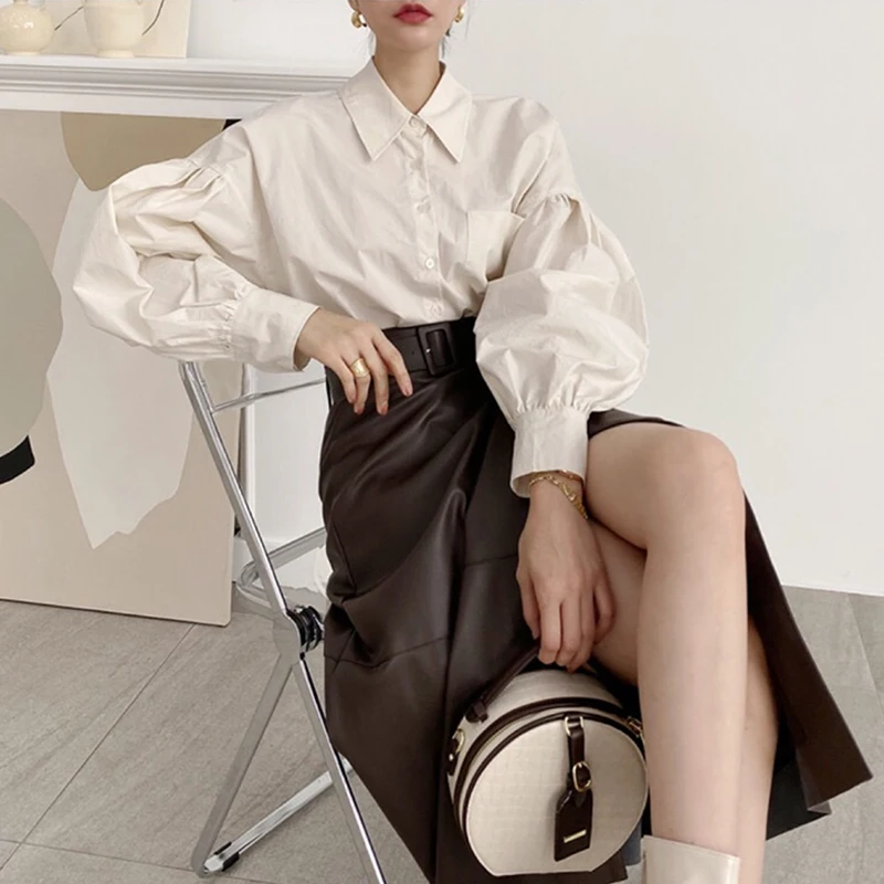 

Elegant Chic High Waist PU Leather Shirt with Lantern Sleeve And Single Button Closure Matching High Slit Skirt Women