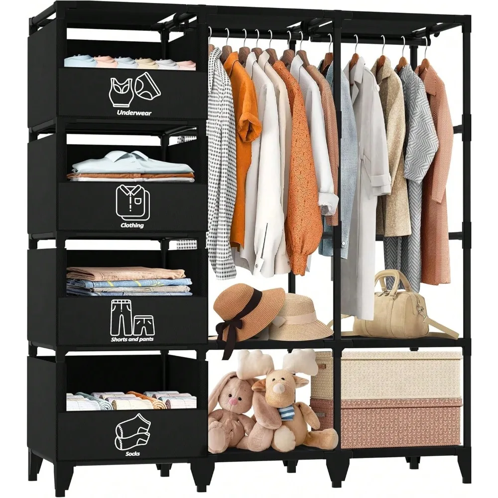 Easy Assembly, Large Capacity Wardrobe Closet, Sturdy And Stable Clothes Rack With Shelves 4 Storage Baskets An