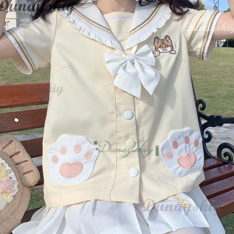 Summer New JK School Uniform Cute Tiger Top Pleated Skirt Bow Tie Sailor Suit Y2K Girl Women Halloween