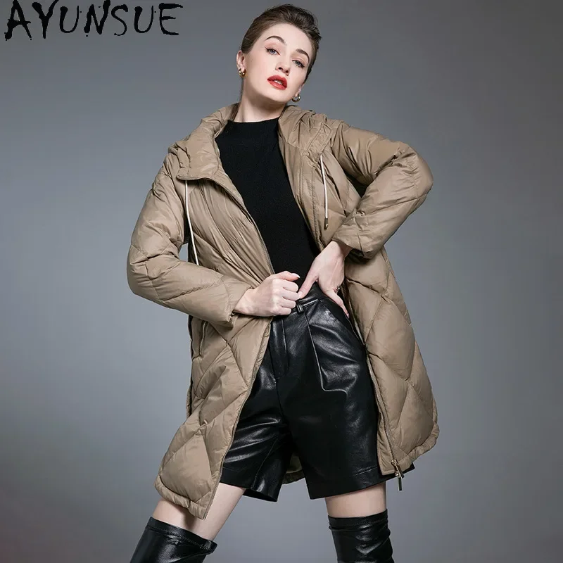 AYUNSUE White Duck Down Puffer Jacket Women Vintage Long Down Coats 2024 New in Outerwears Winter Plus Size Clothes Пуховики