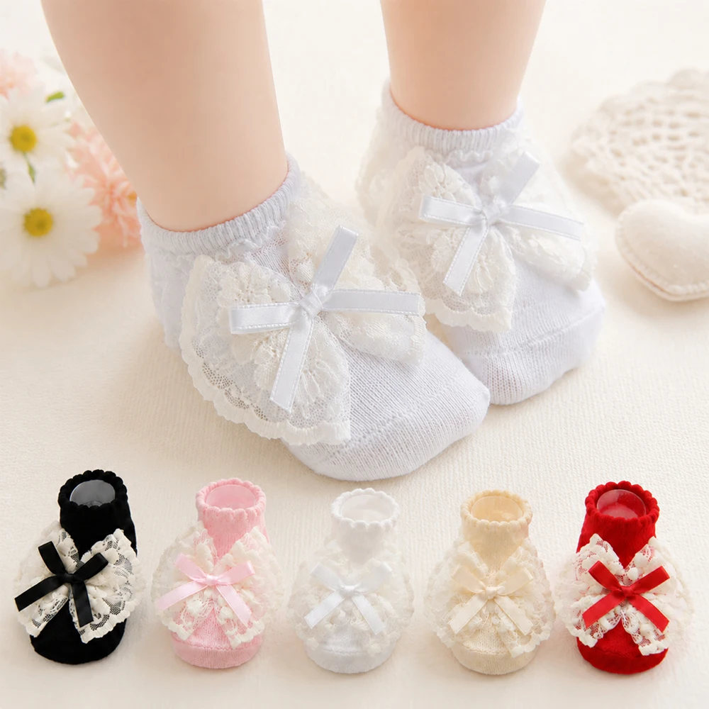 6Pairs Baby Floor Socks Breathable Princess Girls Frilly Sock With Bows Infant Baby Ankle Socken Cute Children's Sock