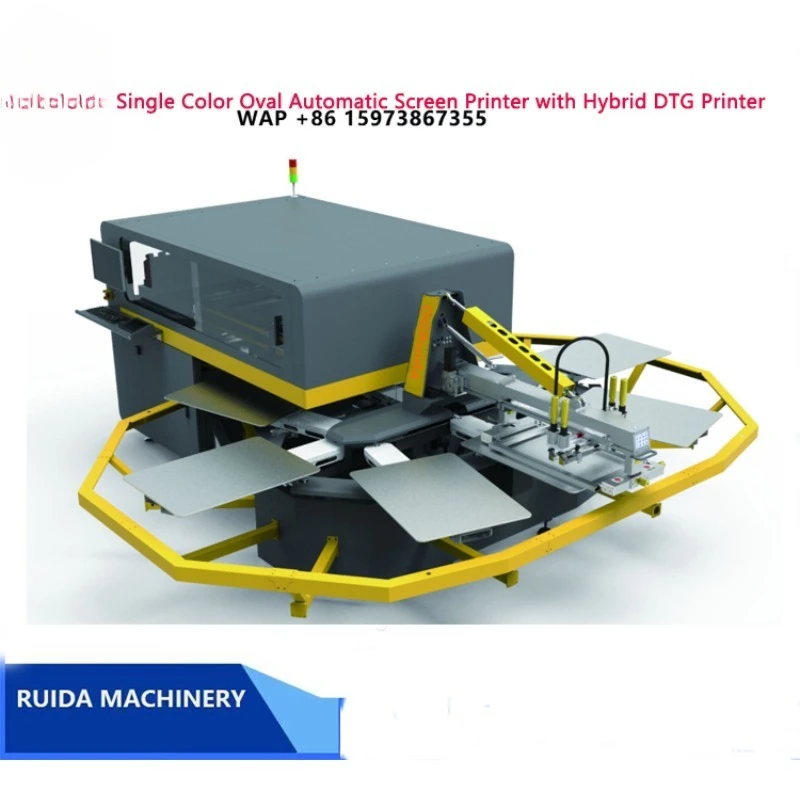 1 Color 8 Tables Oval Automatic Screen Printing Machine with Hybrid DTG Printer for T-shirt Textile Garment Flat Press