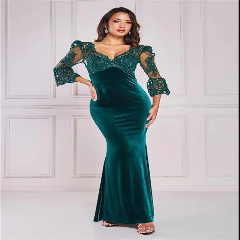 Green V Neck Velour Mermaid Tea-Length Applique Lace Half Sleeve Evening Dresses Gowns 2023 For Women Wedding Party LQ231113