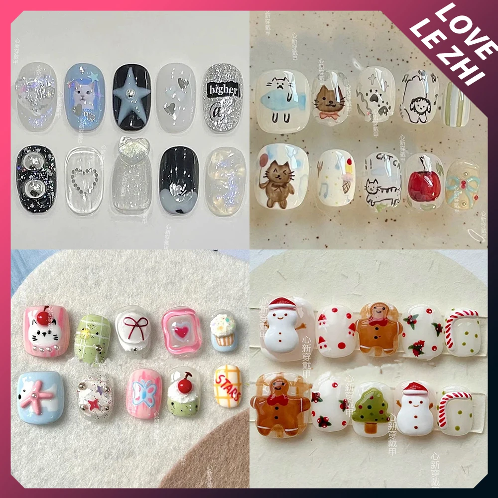 

3D Cute Funny Short Round Detachable Reusable Full Cover Nails Hand Painted Cat Cartoon Decoration Artifical Press On Nails