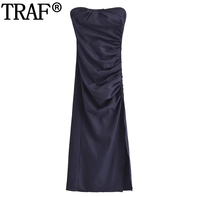 TRAF-Off Shoulder Ruched Midi Dress para mulheres, Bodycon sem costas, vestidos longos plissados, espartilho de festa sexy, verão