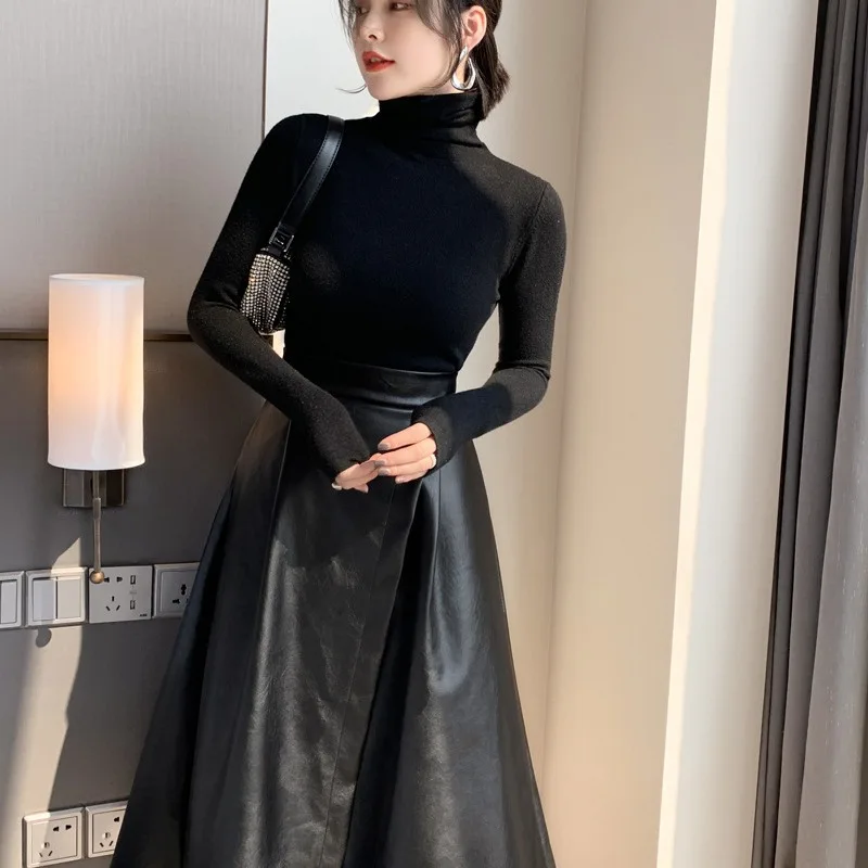 Black skirt mid-length Autumn/Winter 2024 slit high-waisted leather skirt Big swing A-line skirt